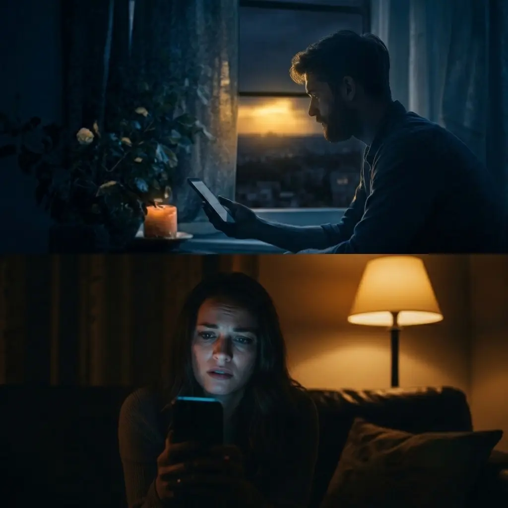 Persona mirando el celular de noche después de una ruptura