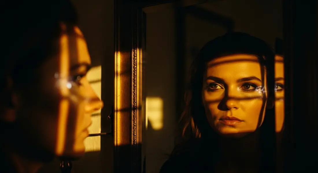 Mujer frente al espejo en un momento de introspección